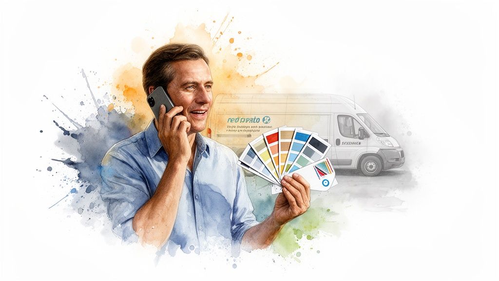 A smiling man talks on his phone, holding colorful paint samples, with a service van behind.