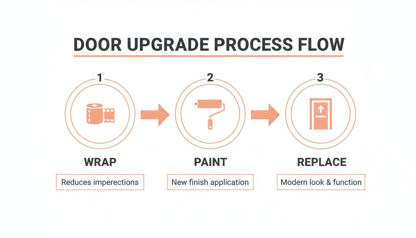 A flow chart illustrating three steps for a door upgrade: wrap, paint, or replace.