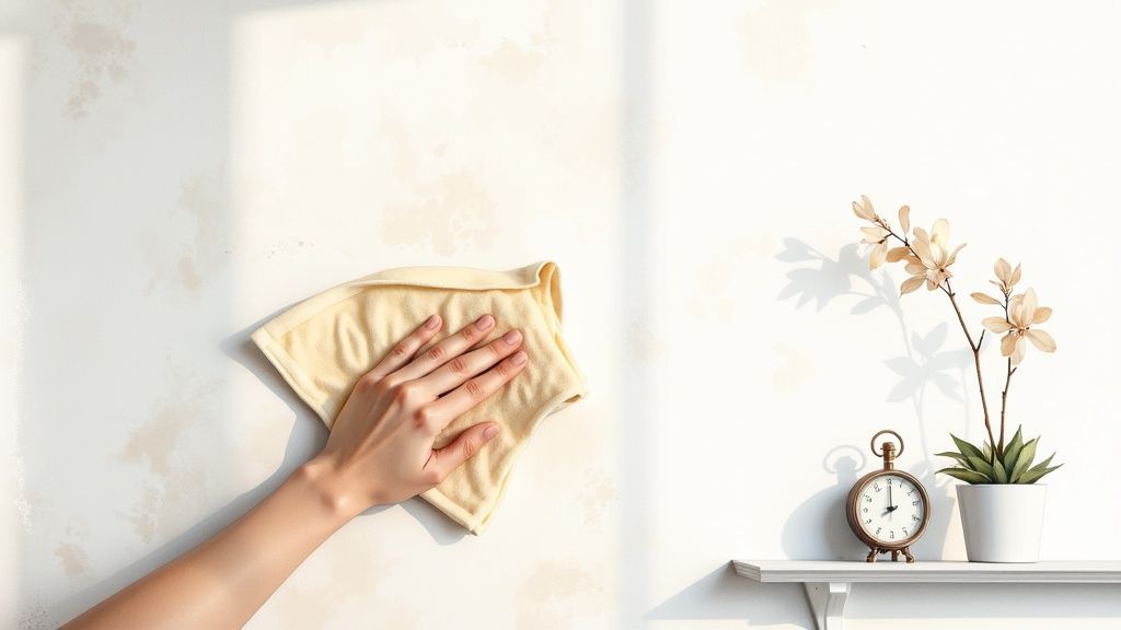 A hand cleaning a light-colored wall with a yellow cloth, next to a shelf with a clock and plant.