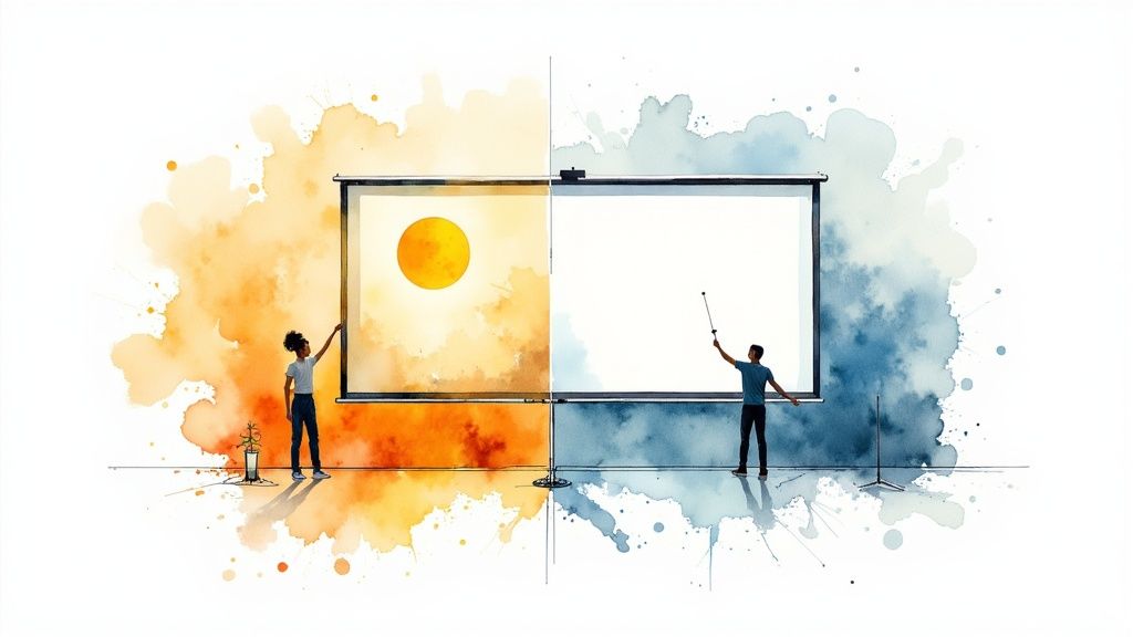 A modern living room with a large window covered in switchable glass film in its opaque state