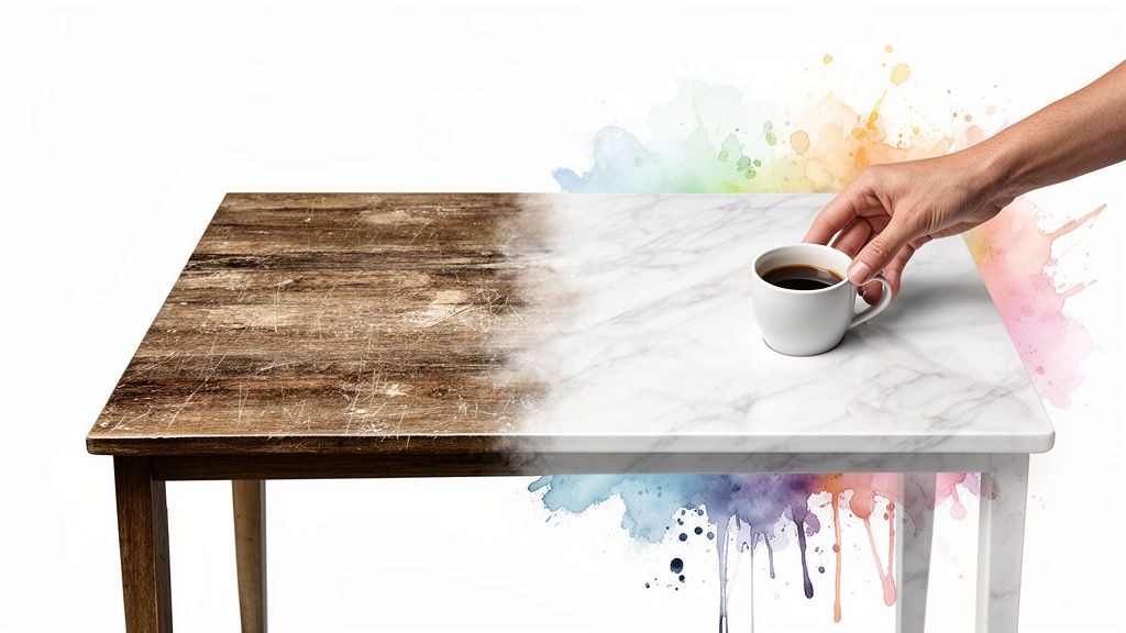 Before and after: old wooden table transformed with a white marble vinyl wrap, holding coffee.