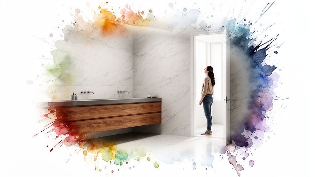 A modern bathroom with marble walls and a wooden vanity, framed by vibrant watercolor splashes.