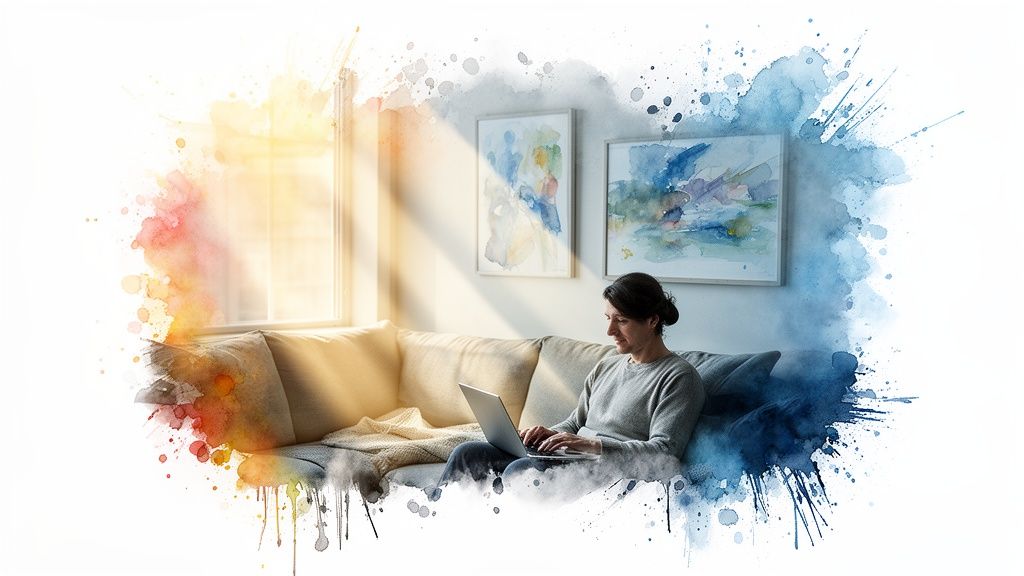 A woman works on a laptop on a comfortable couch, bathed in warm light from a window, with watercolor splashes.