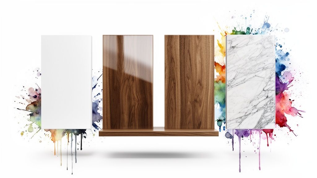 Kitchen design materials: plain white, natural wood, and elegant marble panels, with vibrant paint splatters.