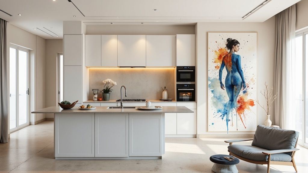 A stylishly renovated kitchen with dark, modern wrapped cabinets and a marble-effect countertop