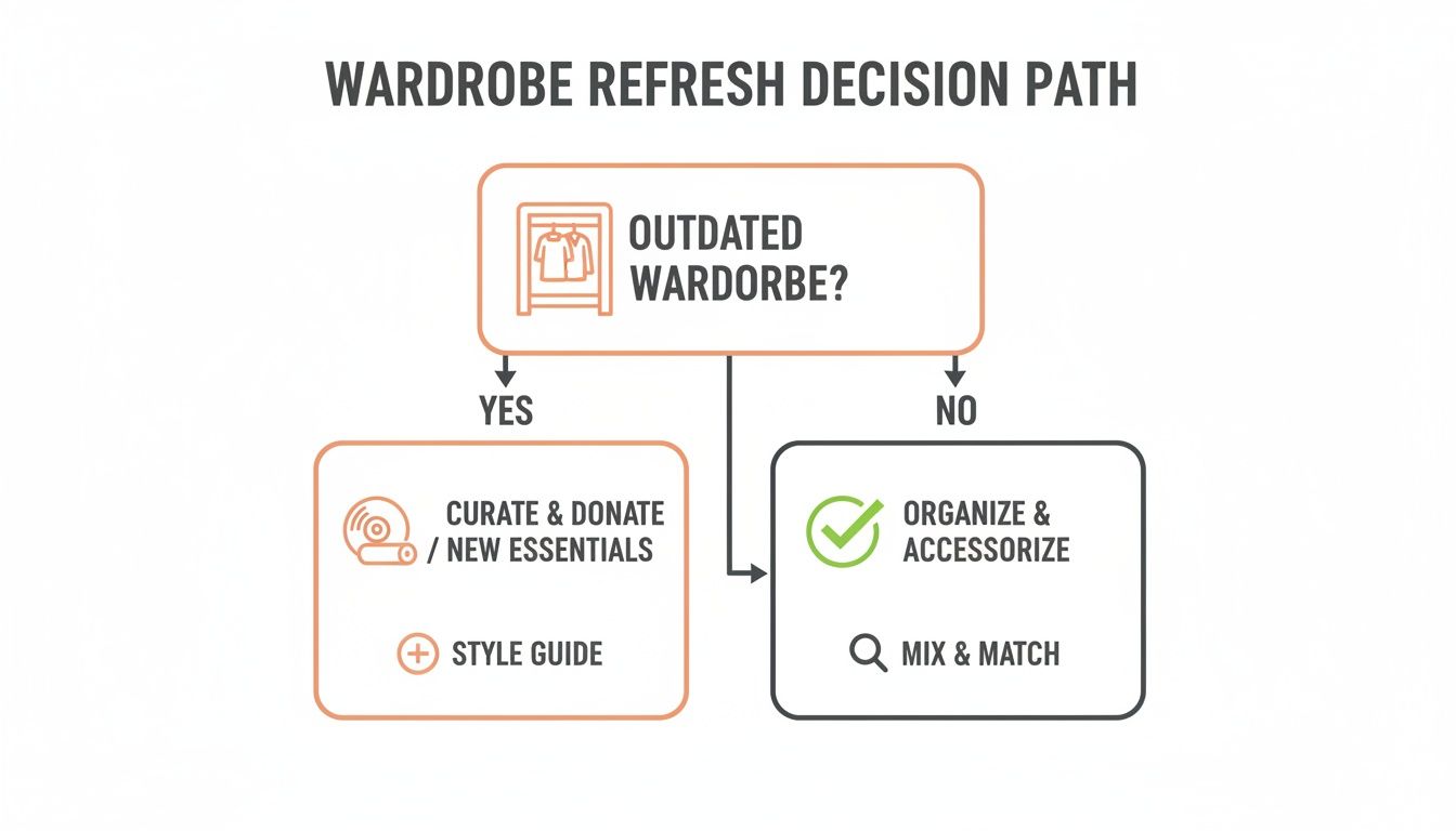 A flowchart outlining a wardrobe refresh decision path, guiding users on organizing or updating their clothes.
