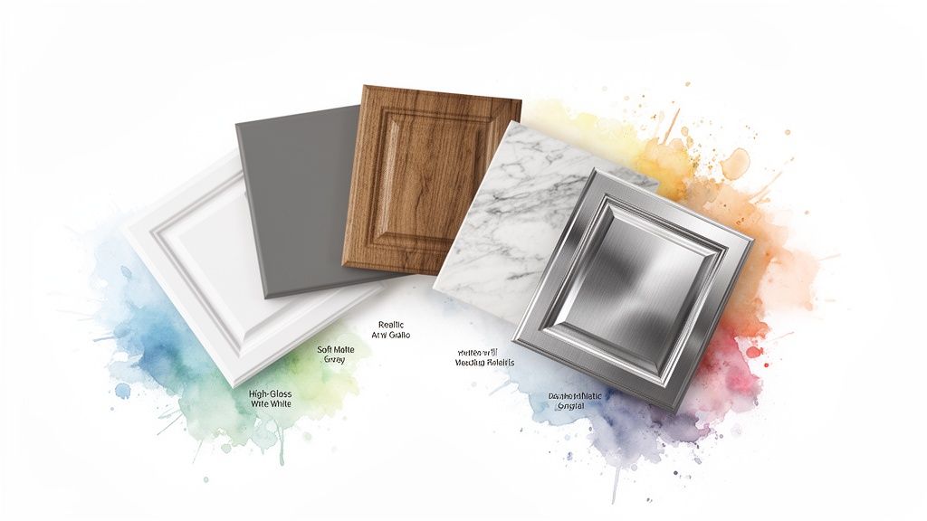 Various kitchen cabinet material samples: white, gray, wood, marble, and brushed metal finishes.