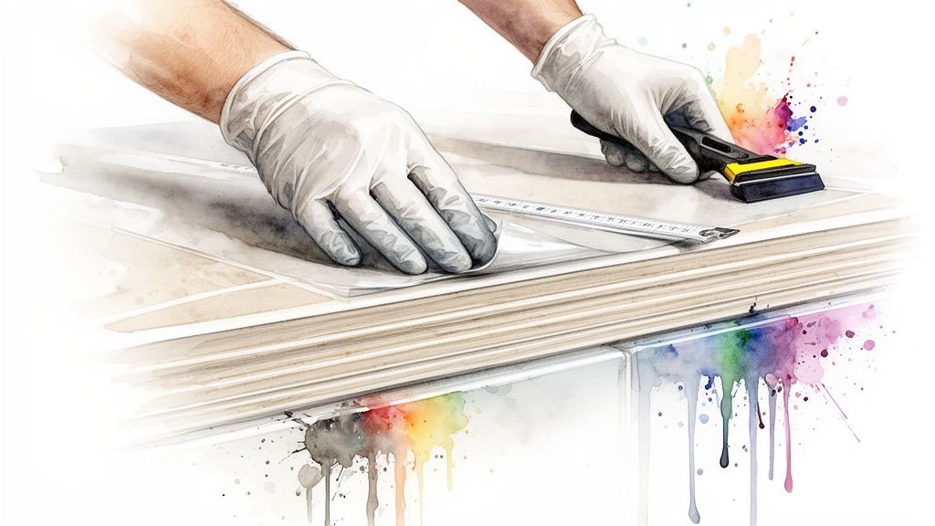 Gloved hands apply a protective film to a bathroom surface, with colorful paint splatters.