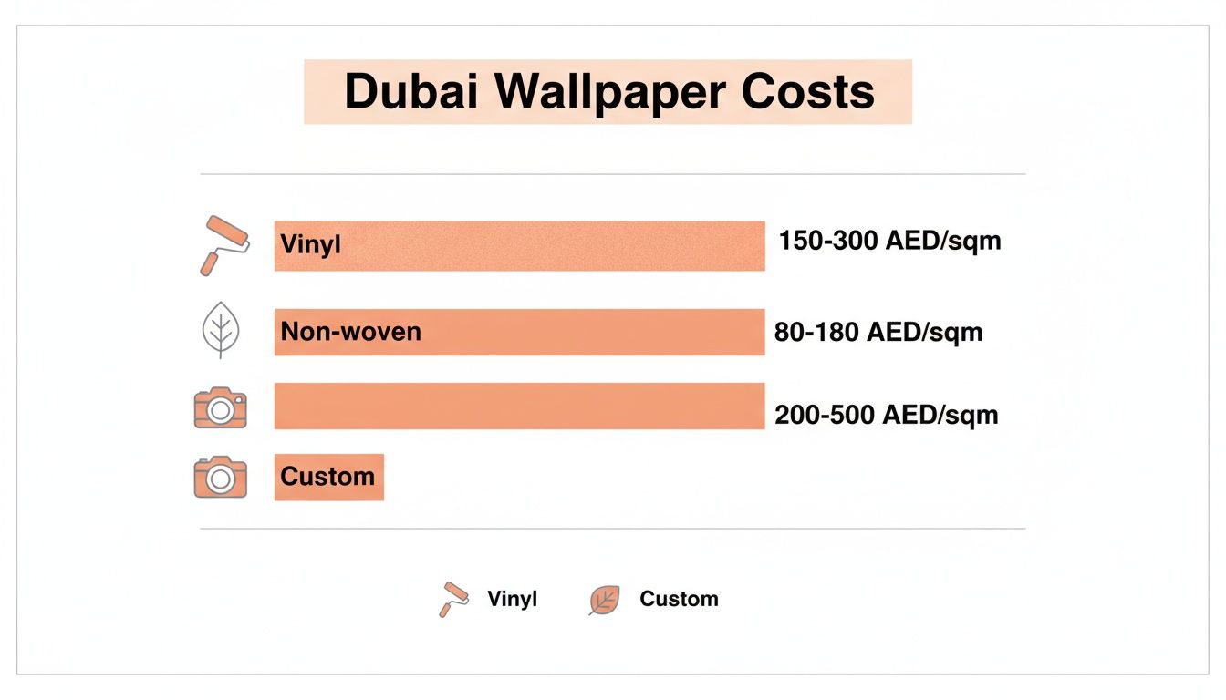 A bar chart illustrating Dubai wallpaper costs for vinyl, non-woven, and custom options per square meter.