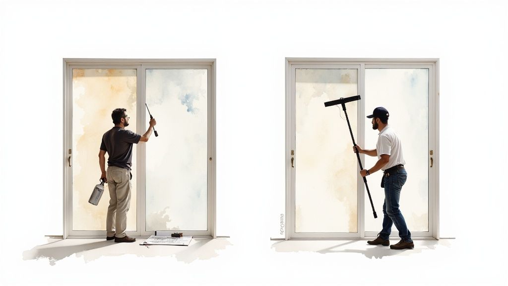 A professional installer carefully applying glass tinting film to a large window, using a squeegee to ensure a smooth, bubble-free finish.