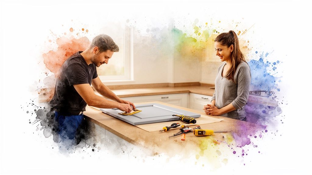 A man sands a kitchen cabinet door while a woman watches, with tools and colorful paint splatters.