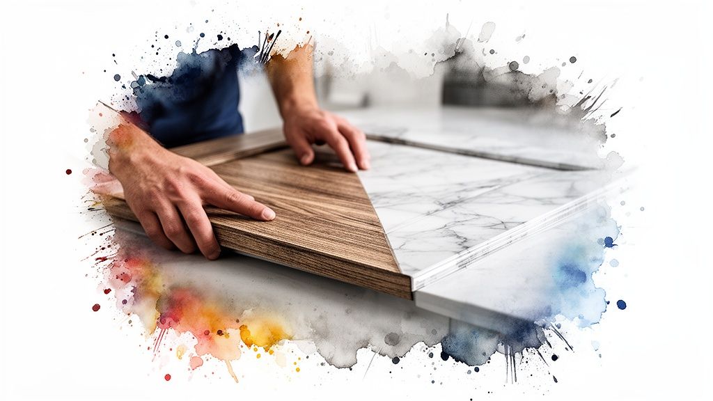 Hands comparing wood and marble material samples, illustrating design choices for renovation projects.