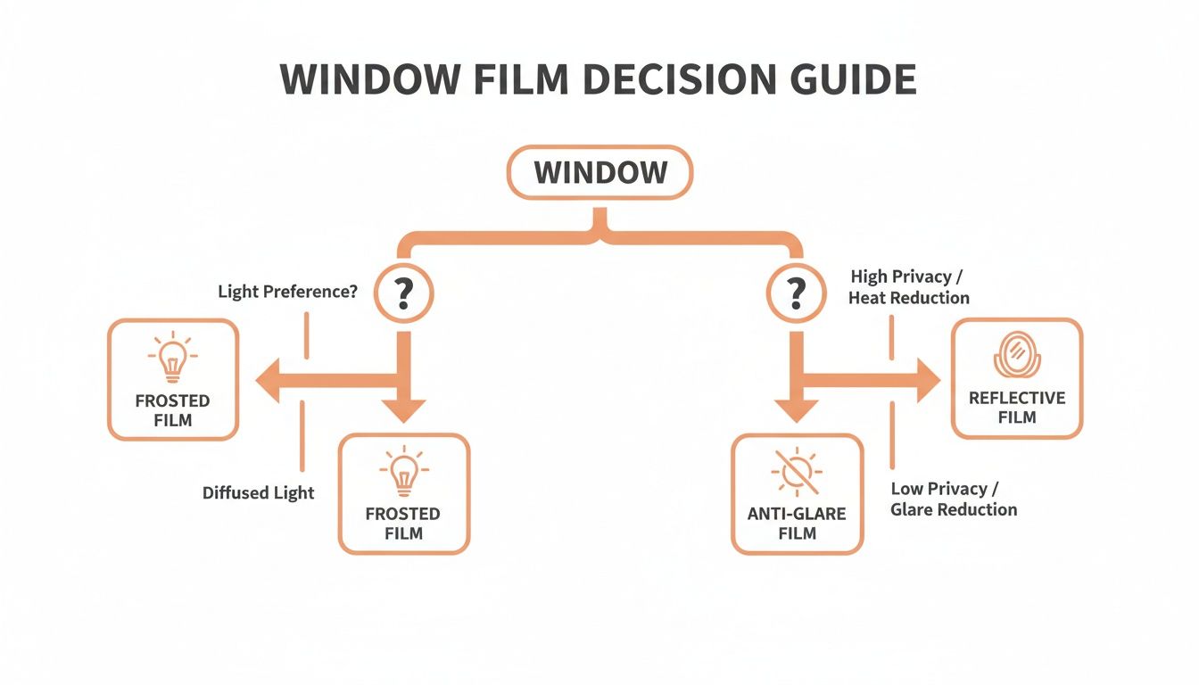 A flowchart illustrating a window film decision guide, offering options based on light, privacy, and heat preferences.