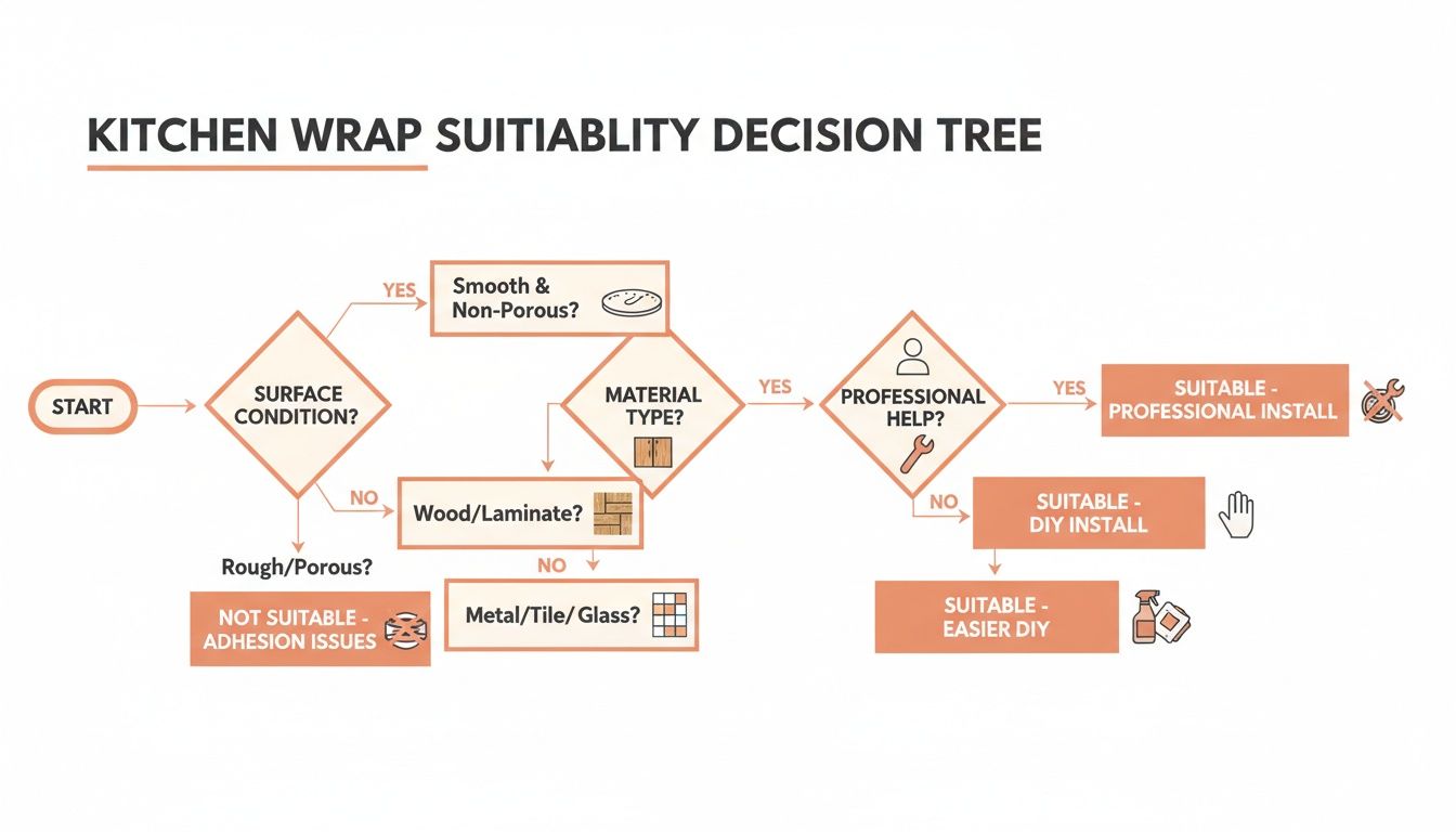 Decision tree flowchart showing suitability for kitchen wrap installation based on surface condition, material, and DIY options.