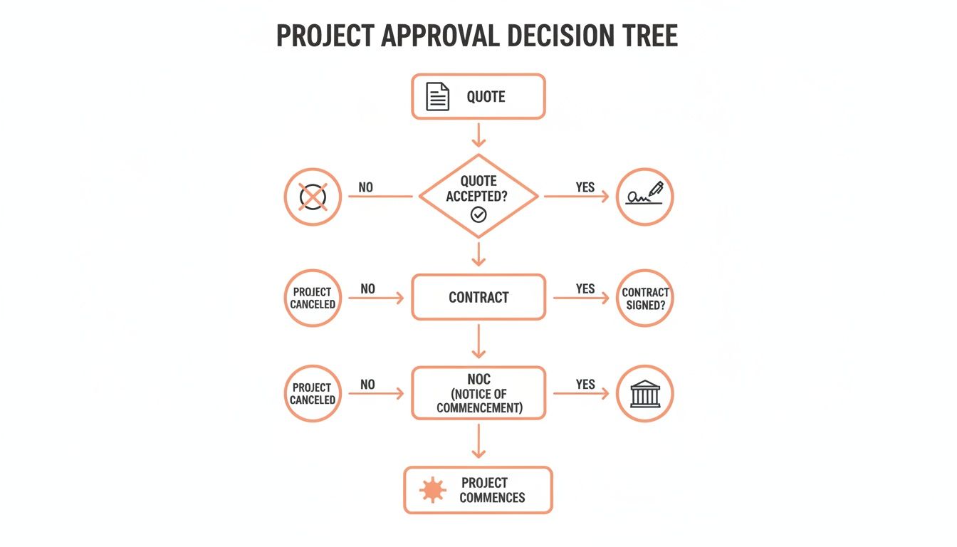 A flowchart depicting the project approval decision-making process from quote to commencement.
