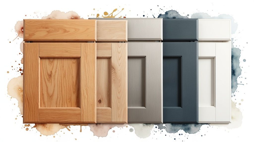 A variety of textured vinyl wrap samples for kitchen cupboards displayed stylishly.