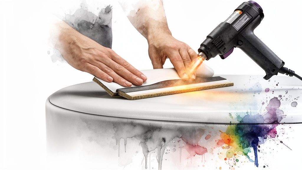 Hands apply heat with a heat gun to layered material on a table, with paint splashes.