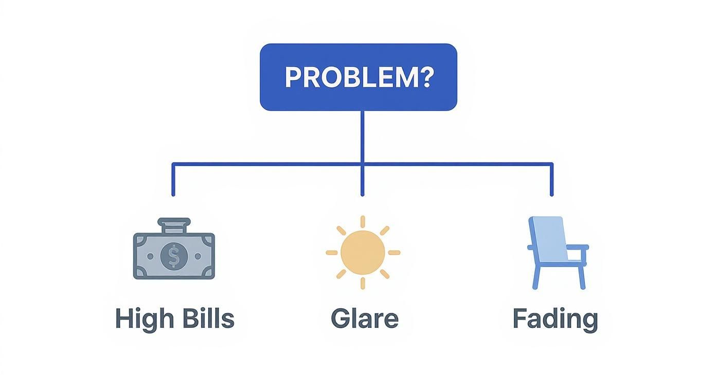 A diagram showing three common problems: high bills, glare, and fading, each with an icon.