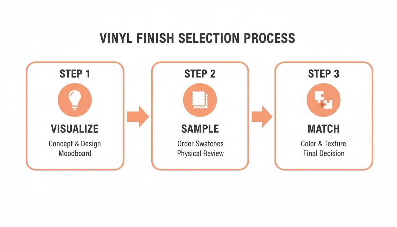Infographic outlining the three-step vinyl finish selection process: visualize, sample, match.