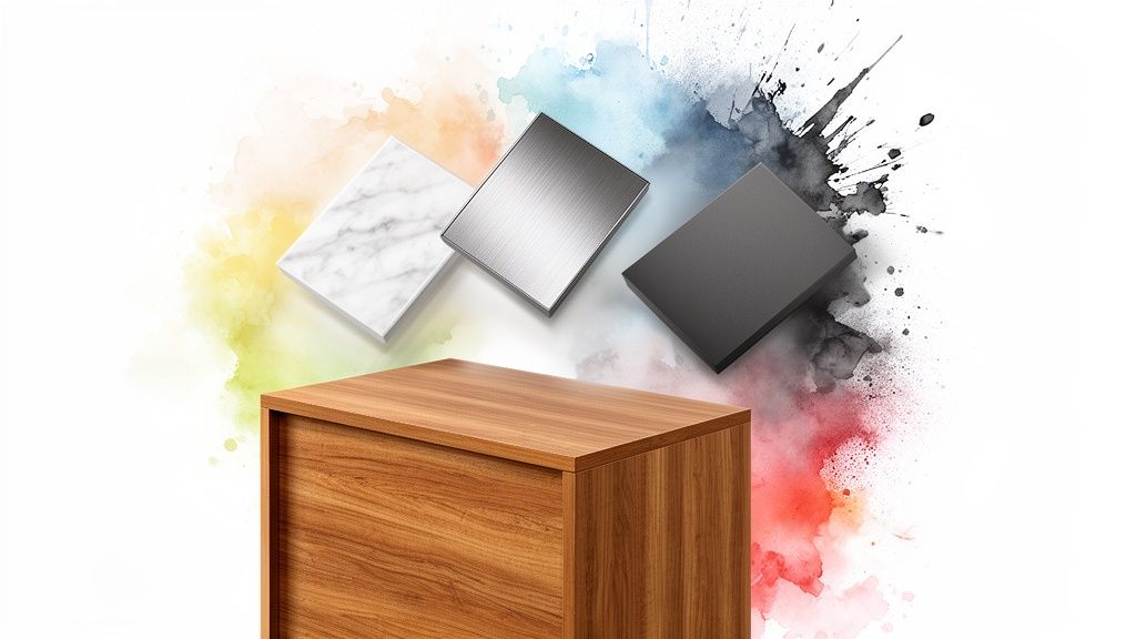Three material swatches (marble, metal, dark solid) floating above a wooden cabinet with colorful paint splashes, showing design options.