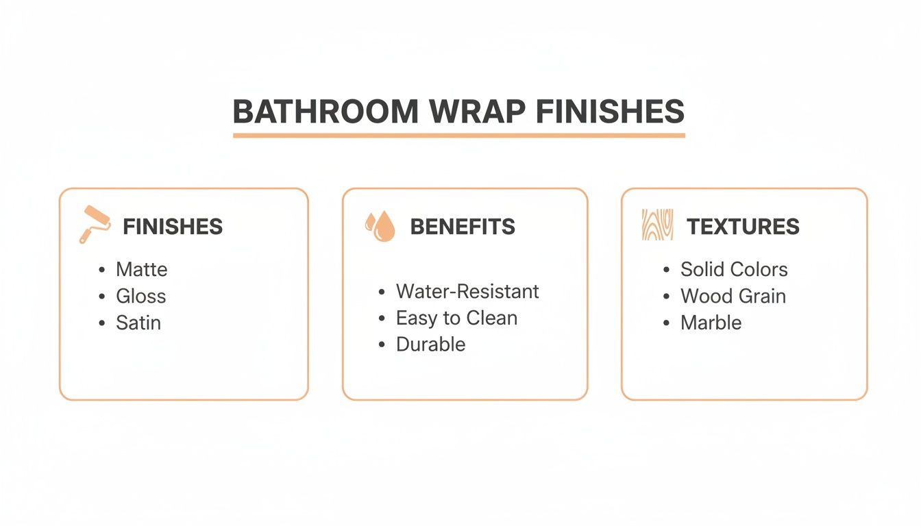 An infographic detailing bathroom wrap finishes like matte, gloss, satin, along with benefits and textures.
