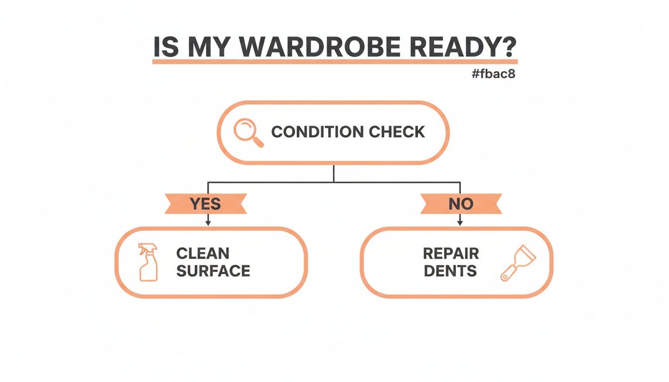 Flowchart guiding users on wardrobe preparation: condition check, cleaning, or repair.