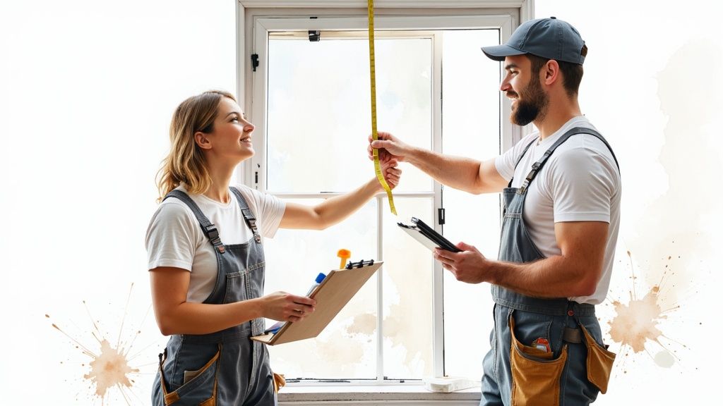 Professional man and woman in work overalls measuring a window for home improvement.