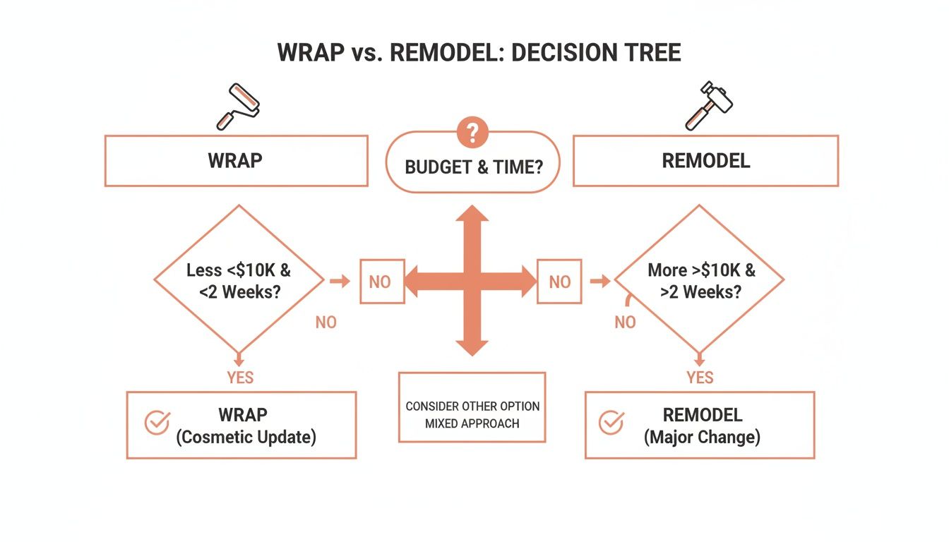 A decision tree diagram illustrating whether to 'wrap' or 'remodel' based on budget and time.