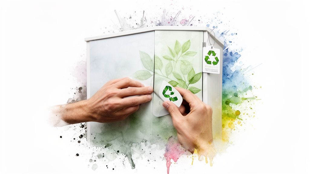 Hands apply a green leaf pattern wrap to a white wardrobe door with a recycling tag.