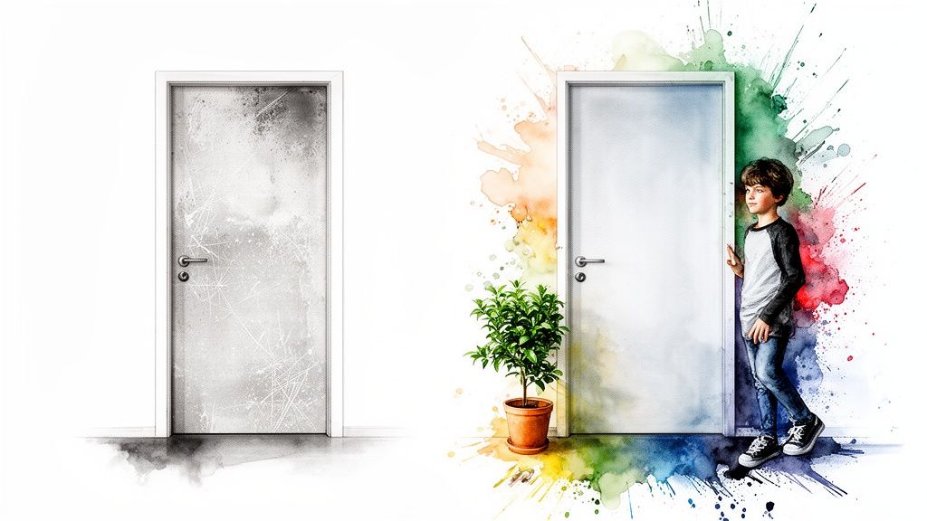 A child stands by a vibrant white door with watercolor splashes, contrasting a scratched grayscale door.