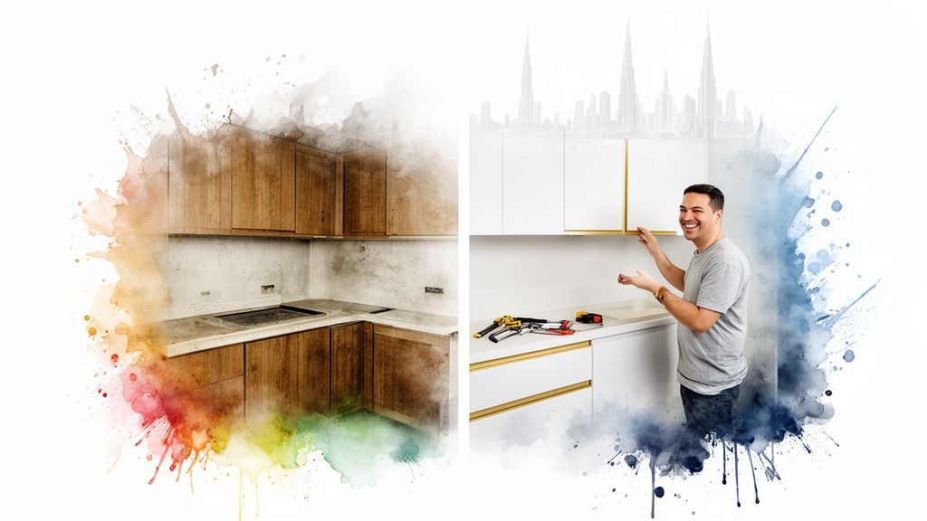 Split image of an old kitchen on the left and a man installing new white cabinets on the right.