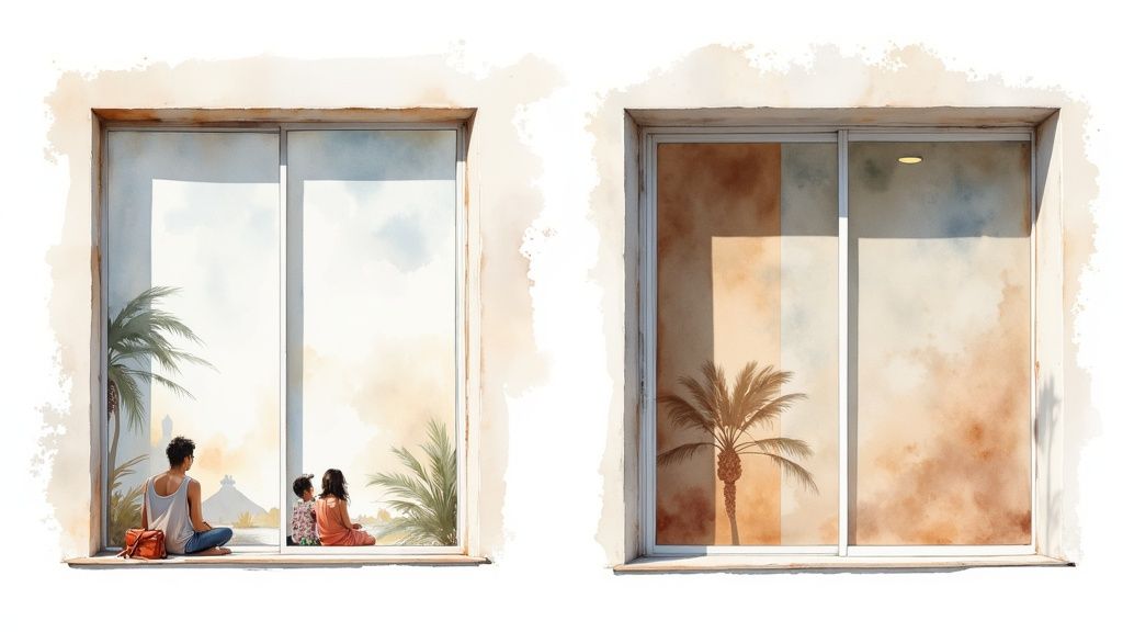 Watercolor illustration of two windows, one with a family looking out, the other with a palm tree.