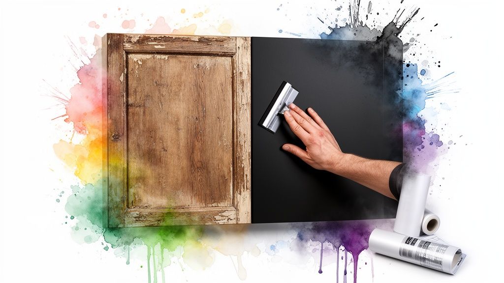 A hand applies black self-adhesive film to an old wooden cabinet door with a squeegee.