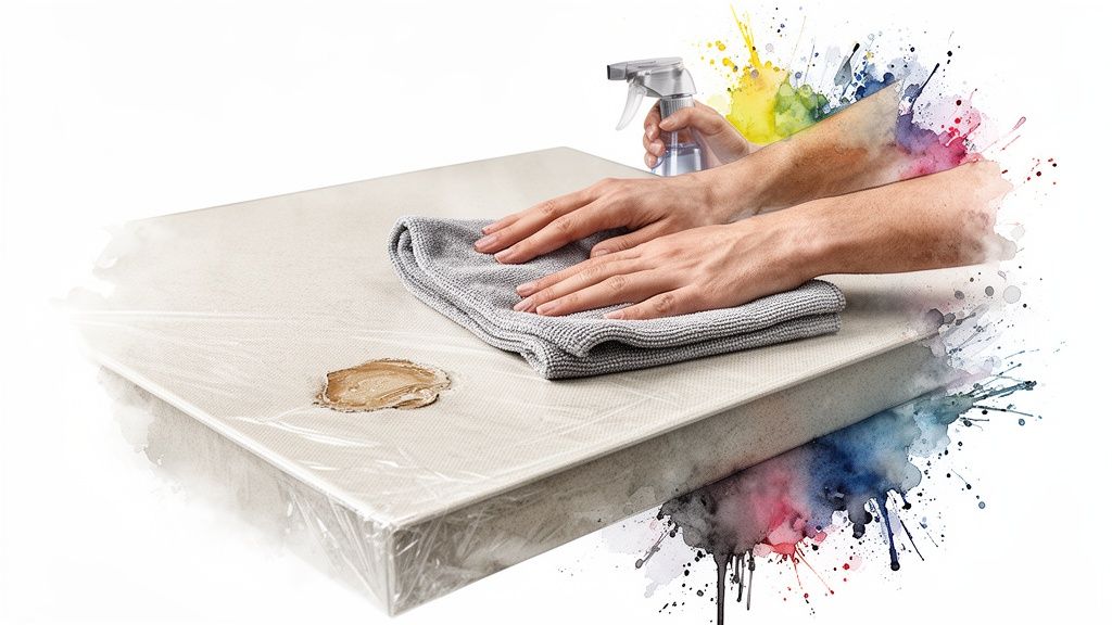 Hands cleaning a stained mattress or cushion wrapped in plastic with a cloth and spray bottle.