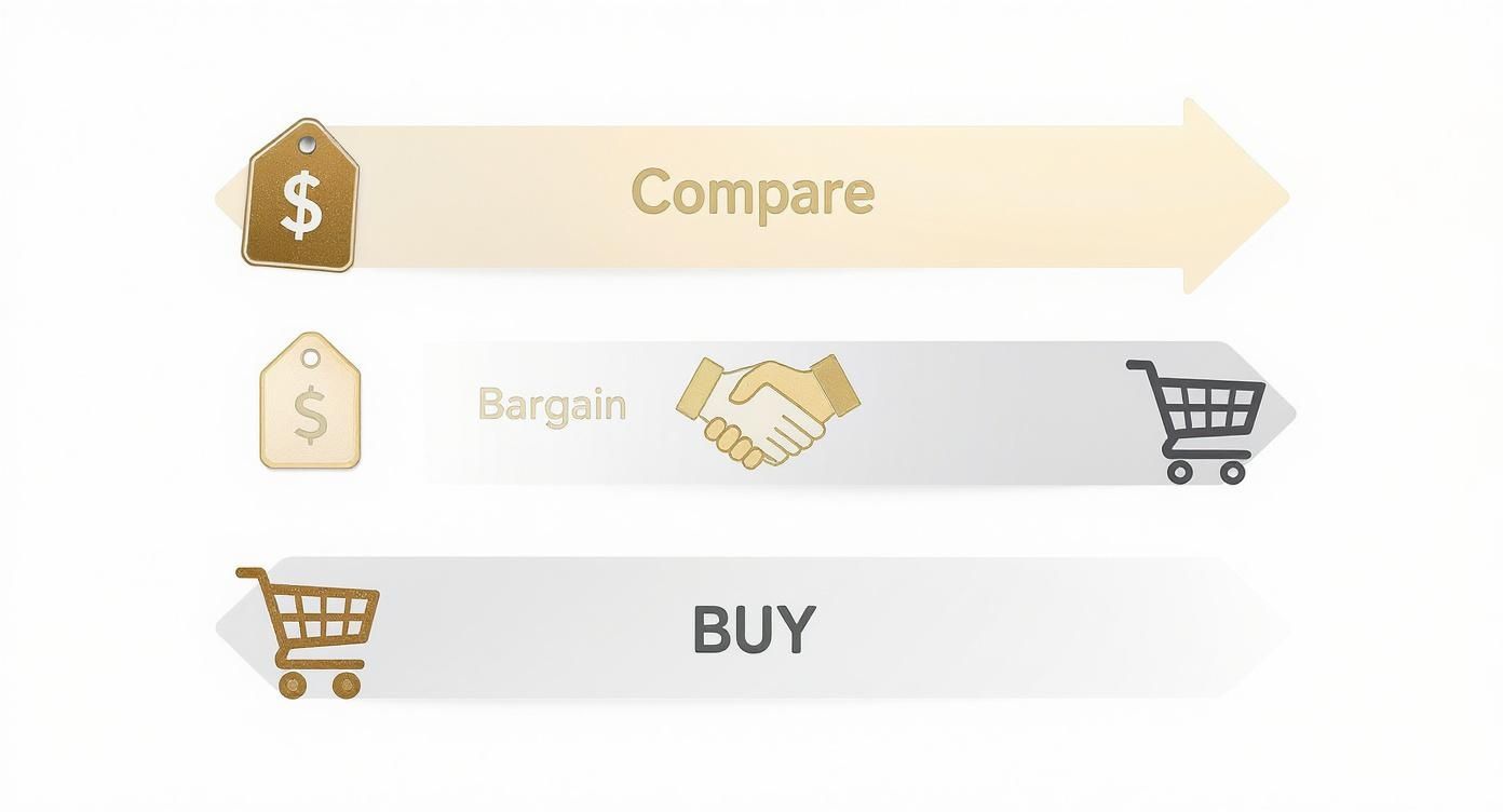 Three step shopping process showing compare prices, find bargains, and buy with cart icons
