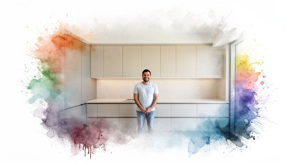 A smiling man stands in a modern kitchen with light cabinets, surrounded by colorful watercolor splashes.