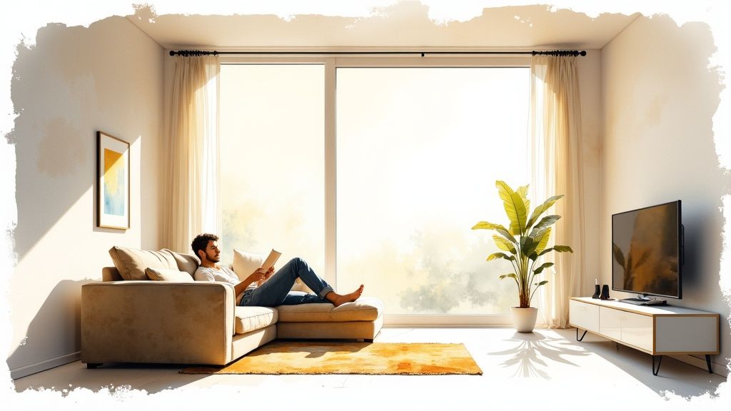 A man reading on a comfortable sofa in a bright living room with large, sunny windows.