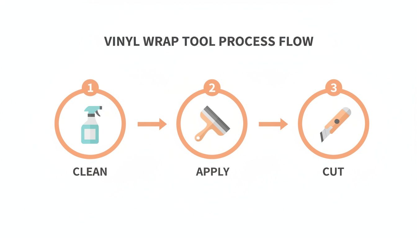 Diagram showing the vinyl wrap tool process flow: clean with spray, apply with squeegee, cut with knife.