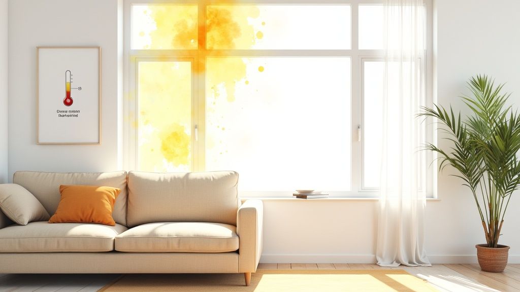 Bright living room with a beige sofa, green plant, and a window showing yellow heat-blocking tinting.