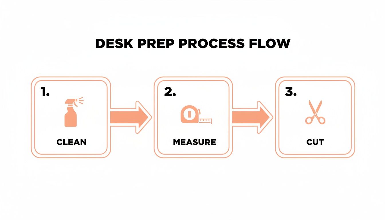 Three-step process flow for desk preparation: clean, measure, then cut.