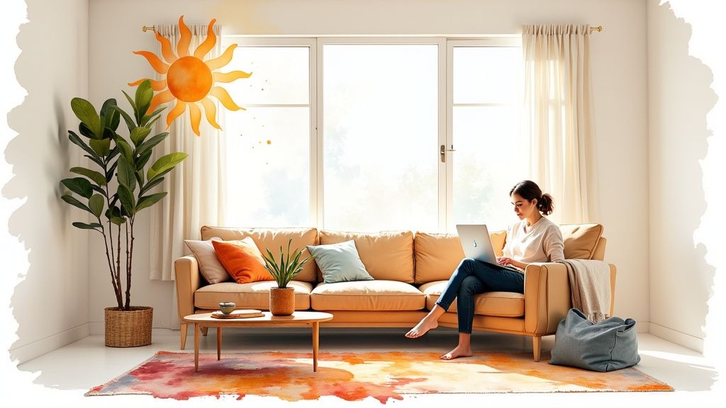 A woman works on her laptop in a bright, sunlit living room with a large window and decorative sun.