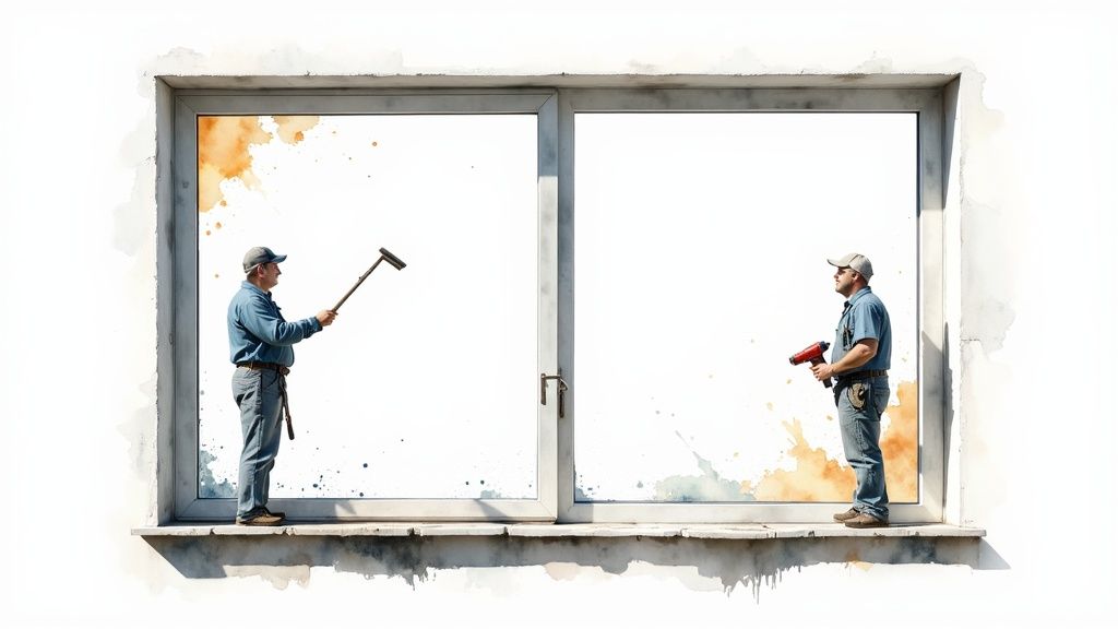 Two men, one cleaning with a squeegee and one holding a power tool, working on a large window.