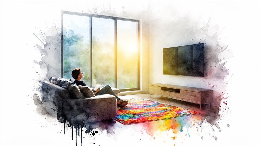 A person on a sofa looks out a sunlit window in a modern watercolor living room with a colorful rug.