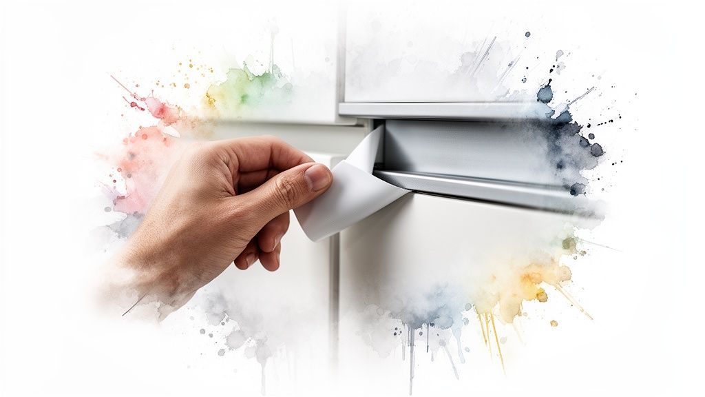 A hand peels a white protective film from a white kitchen surface, surrounded by watercolor splatters.
