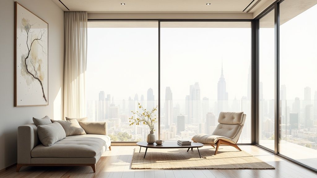 Modern living room with smart glass windows overlooking a city skyline