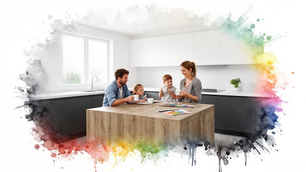 Parents and children gathered at a kitchen island, choosing paint colors for home renovation.