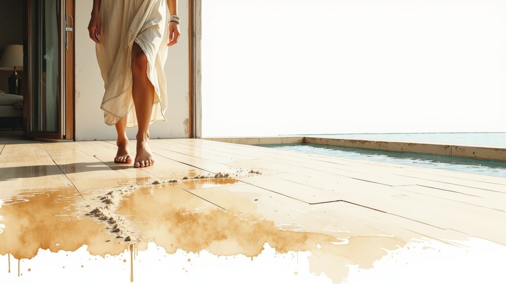 Person walking barefoot on luxury vinyl flooring near poolside terrace in Dubai home