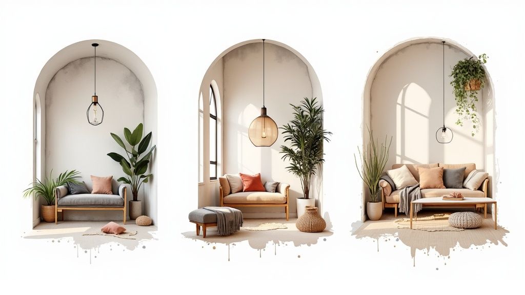 A bright living room with minimalist decor and wooden accents.