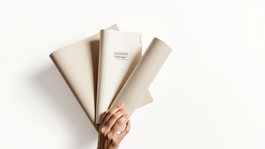 A hand holds beige wallpaper rolls and a catalog titled "The Forma: Wallpaper" on a white background.
