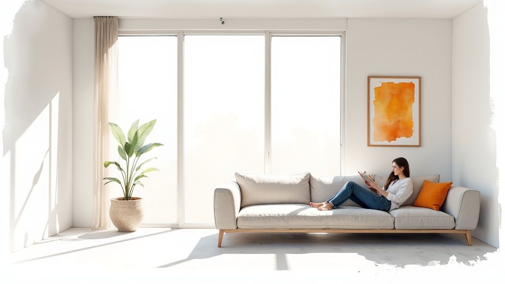 A woman relaxes and reads on a sofa in a bright, modern living room with large windows.